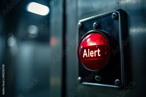 Red lamp or button on black panel with Alert