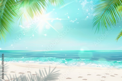 beach background with light blue sea, palm leaves hanging in the upper left corner and sunlight shining on it.