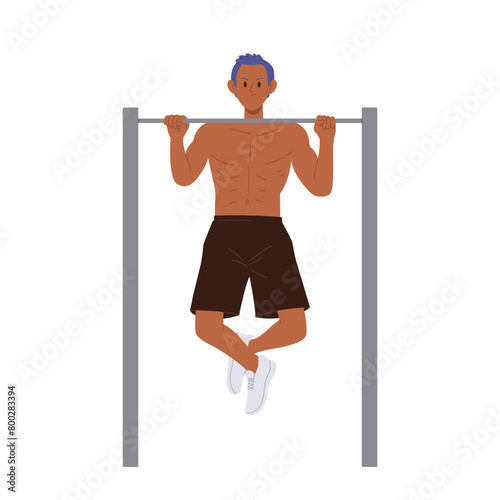 Strong athletic man cartoon character pulling up on horizontal bars enjoying training workout