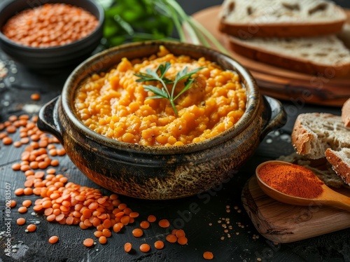 Red lentil soup with rye bread and spices low calorie vegetarian meal