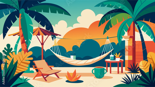 A tropicalinspired patio with a hammock and tropical plants inviting relaxation and island vibes for a laidback evening with friends..