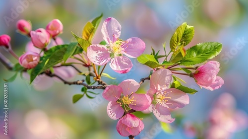 A branch of delicate pink cherry blossoms against a blurry background of teal blue.  