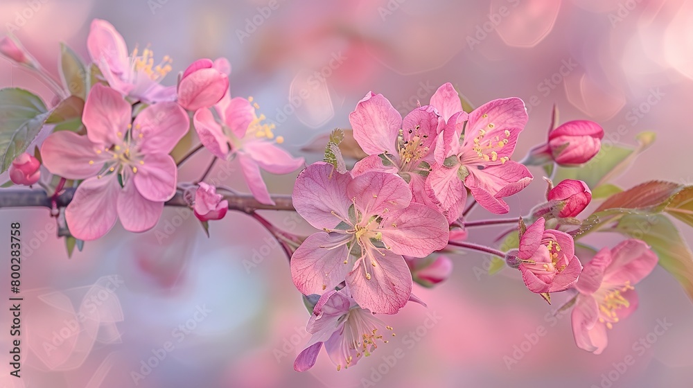 A branch of delicate pink cherry blossoms against a blurry background of teal blue.

