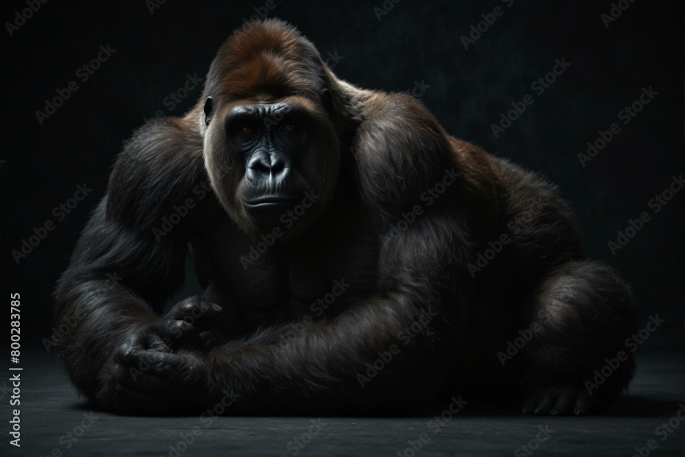 A captivating image of an orangutan deep in thought, resting its head on clasped hands against a dark backdrop A captivating image of an orangutan deep in thought, resting its head on clasped hands against a dark backdrop