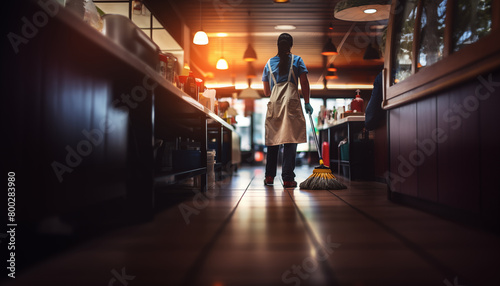 Hardworking cleaner mopping the floor in a restaurant photo
