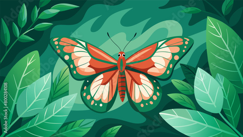 Amidst the lush greenery a solitary butterfly perches on a leaf its delicate wings creating a soft soothing rustle in the otherwise quiet garden.. Vector illustration