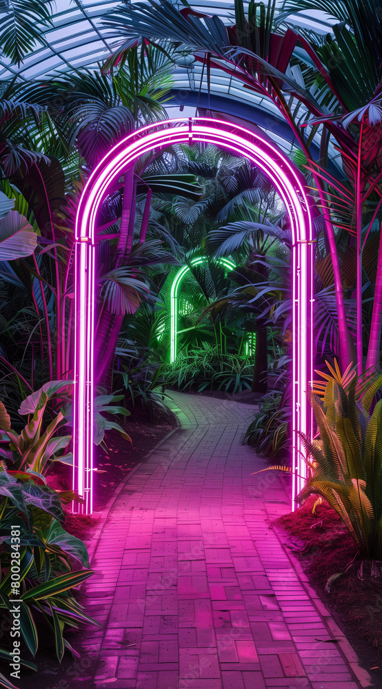 Fototapeta premium Neon frame tunnel with exotic trees.Minimal creative advertise,nature and interior concept.