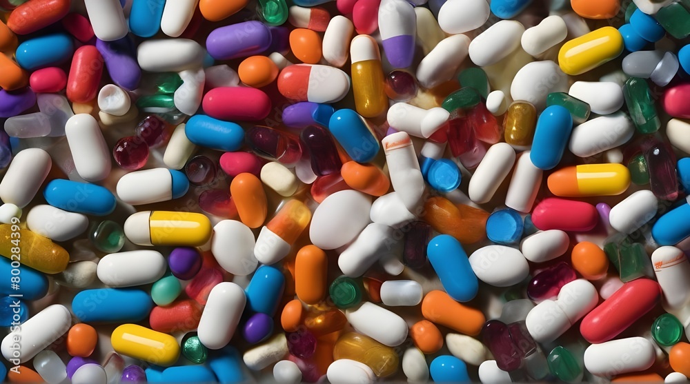 A colorful pile of pharmaceutical drugs, capsules, and pills on a table, resembling a close-up painting of sweetness and medicine. generative.ai