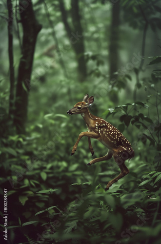 fawn leaping in the forest.Minimal creative nature and environment protection concept