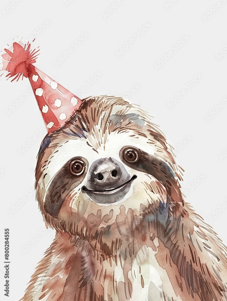 Fototapeta premium Cheerful Minimalist Watercolor Sloth with Festive Party Hat Vibrant Whimsical Animal Portrait for Holidays and Greetings