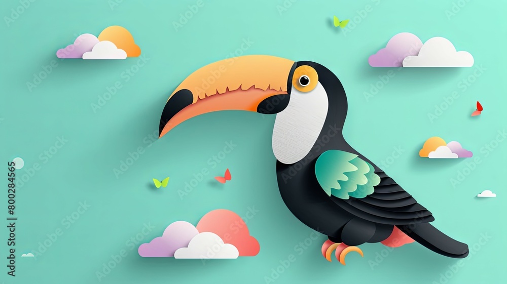 Naklejka premium Colorful Toucan in Pastel Skies A Whimsical Flat Design of a Tropical Bird on a Textured Mint Green Background description This captivating image