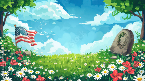 A painting depicting an American flag planted in a vibrant field of colorful flowers