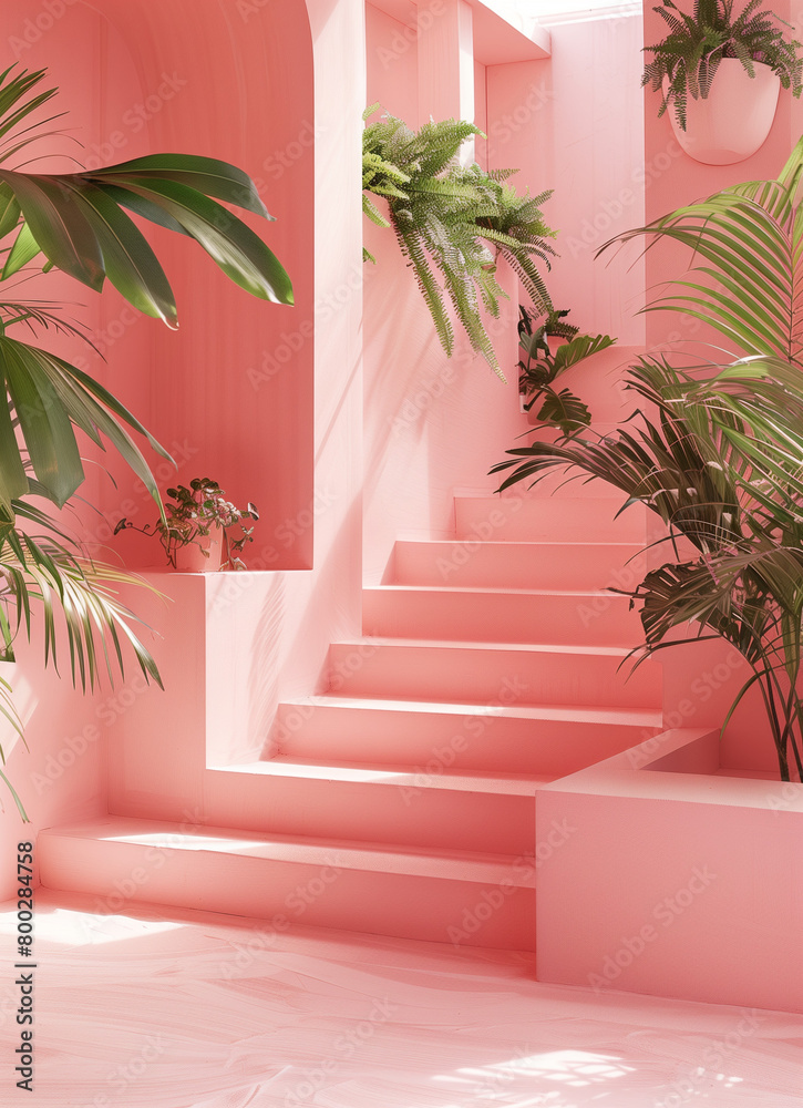Pink stairs in lux resort.Minimal creative summer vacation concept.Advertisement for travel agencies for the upcoming summer season.Trendy social mockup or wallpaper with copy space.