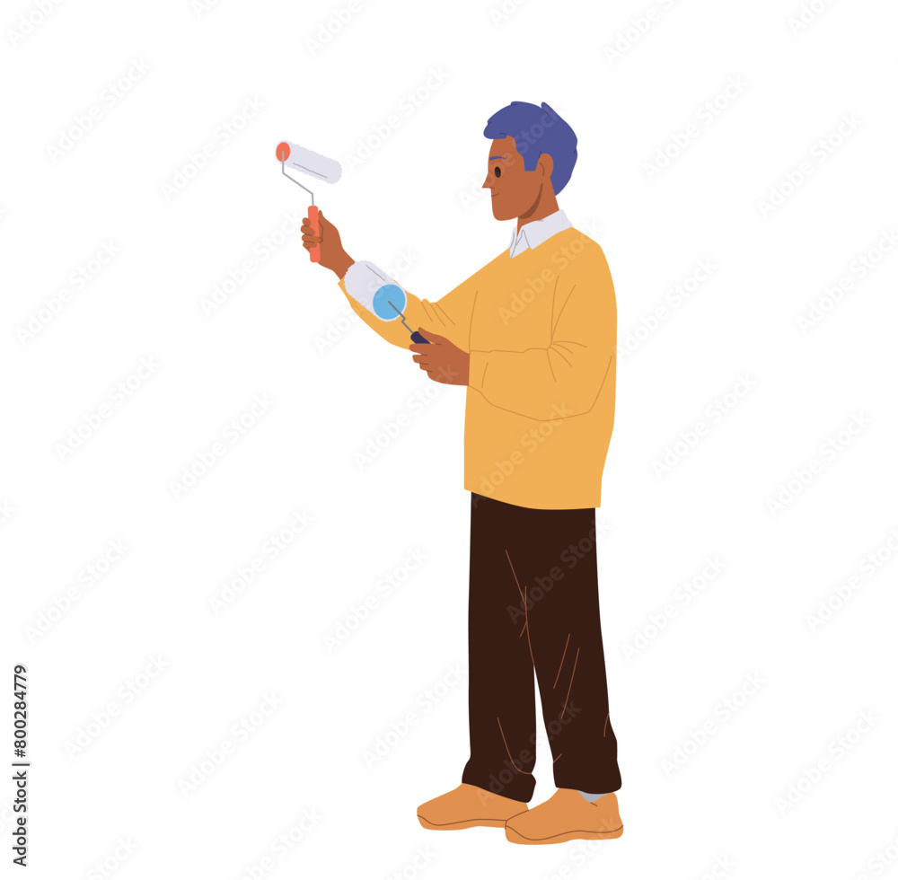 Man customer character choosing paint roller dye kit at tools shop store isolated on white Man customer character choosing paint roller dye kit at tools shop store isolated on white