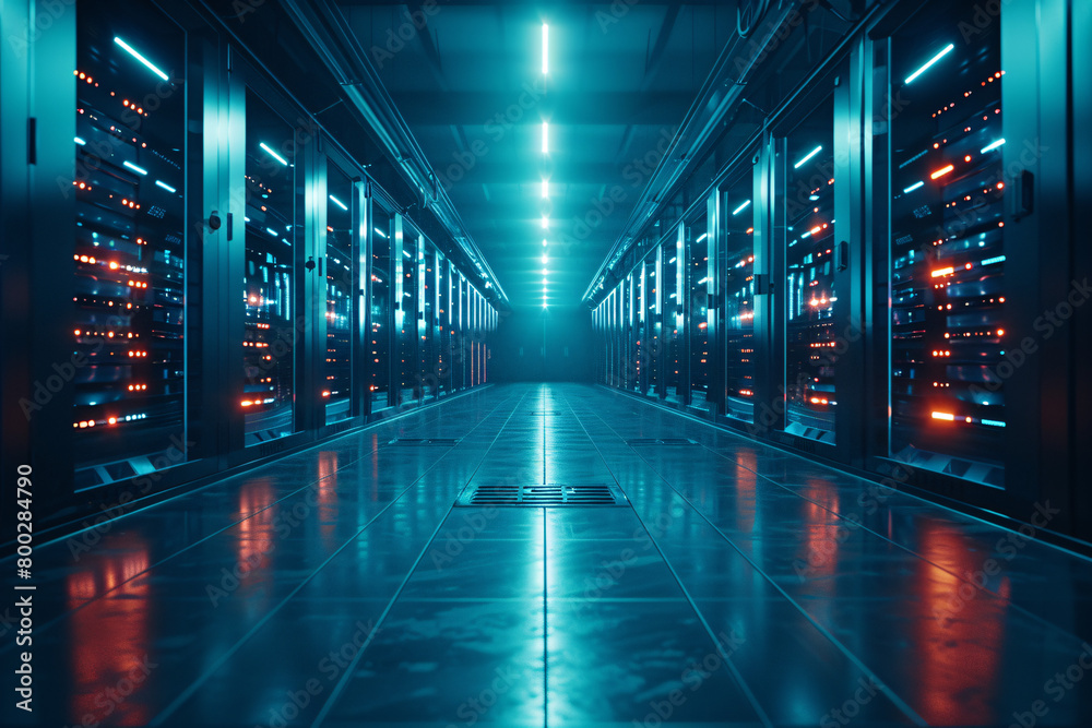 Futuristic server room illuminated by cold blue lighting and reflective surfaces