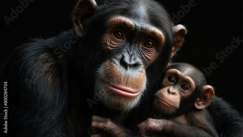 A deeply moving portrait of a chimpanzee cradling its infant, showcasing the parental care and emotion of wildlife