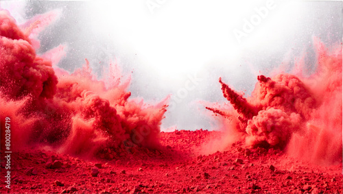 An intense image capturing a blazing red smoke explosion, surrounded by a clear sky, depicting drama and energy