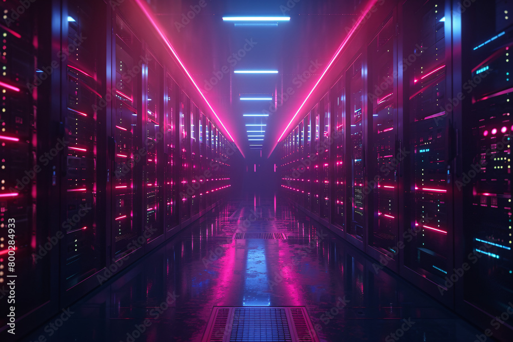Futuristic server room bathed in neon pink and blue lights with reflective surfaces