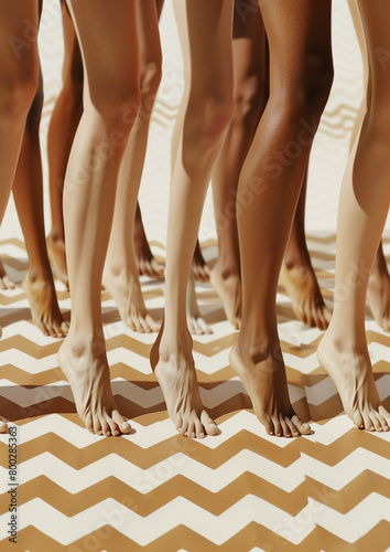 A group of female legs.Minimal creative cosmetical pedicure concept.Trendy social mockup or wallpaper with copy space.Advertisement for beauty salons