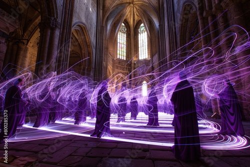 Sonic Mirage' around a choir in an ancient cathedral, visualizing sound waves as optical illusions, in choir robe purple and echo stone