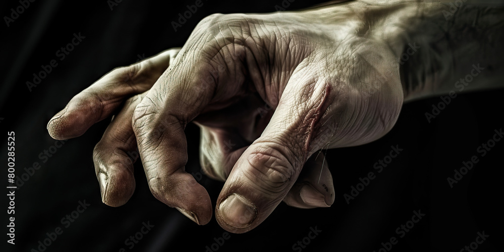 Fototapeta premium Broken Hand: The Finger Pain and Limited Dexterity - A person holding their hand with a pained expression, unable to move their fingers properly due to a broken hand