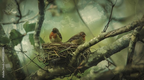 A family of birds chirping and playing in a nest nestled in the branches of a tree.. © Justlight