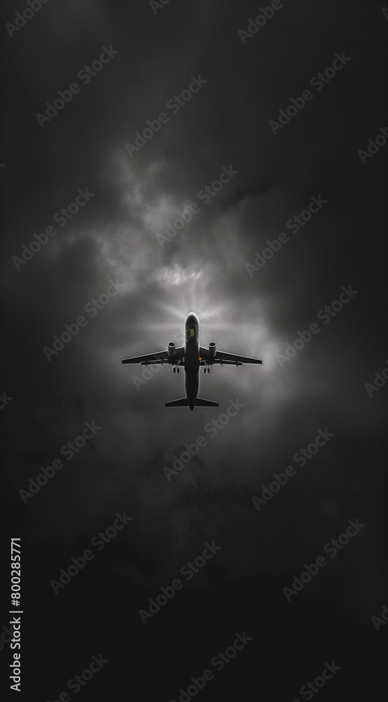 Naklejka premium Black and white minimalism photograph airplane in the sky from an ant's perspective.Minimal creative transport concept.