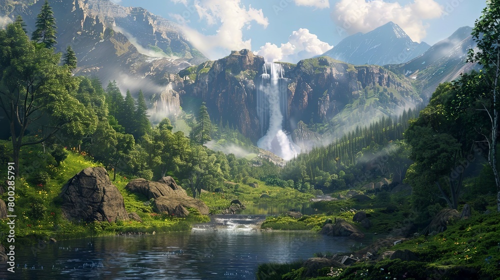 Majestic Waterfall Cascading Through Lush Mountain Landscape