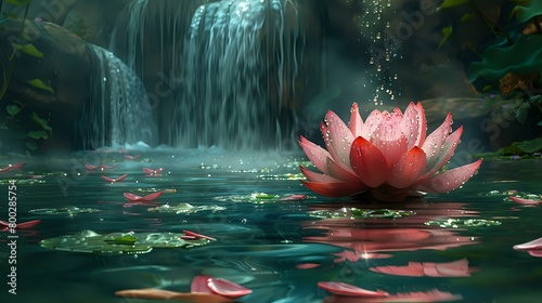Tranquil Lotus Flower and Flowing Waterfalls