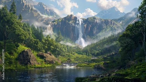 Majestic Waterfall Cascading Through Lush Mountain Landscape