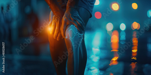Fractured Patella: The Knee Swelling and Difficulty Walking - A person holding their knee with a swollen or bruised patella (kneecap), indicating a fractured patella photo