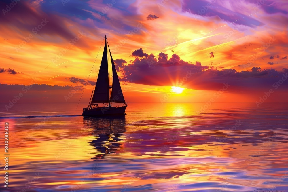 Sailboat silhouette sailing in colorful ocean sunset