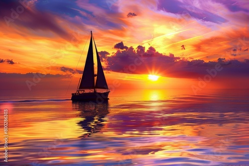 Sailboat silhouette sailing in colorful ocean sunset © LimeSky