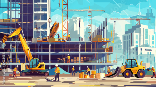 Urban Development With Construction Workers and Machinery at a Building Site