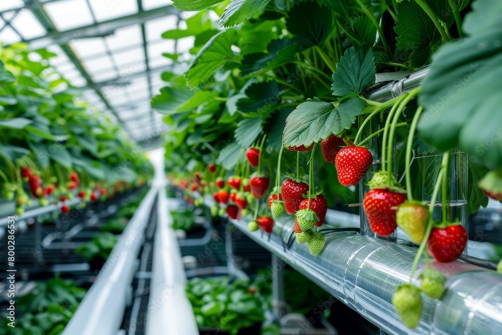 Red strawberries growing on eco friendly farm with high tech greenhouse ...