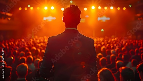 Speaker on stage under spotlight addressing large audience at professional event. Concept Professional Event, Keynote Speaker, Spotlight, Audience, Stage Environment photo