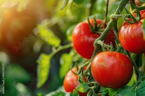 Red tomatoes on a green vine in the garden