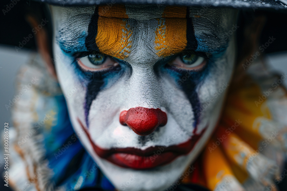 Close up of a clown face with intricate blue and white makeup and a sad expression