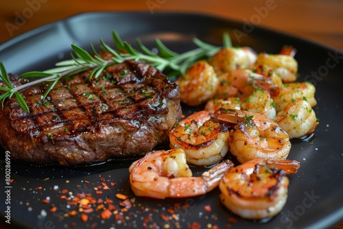 Ribeye steak and shrimp grilled on black plate