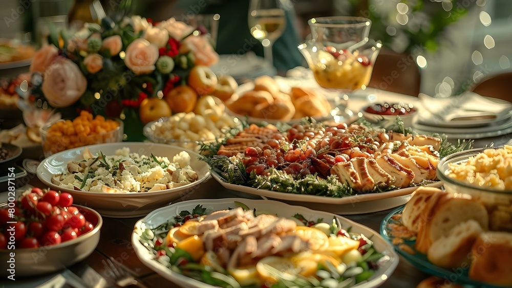 Obraz premium Festive table set with delicious dishes snacks and beautiful decorations for family. Concept Festive Table Decor, Delicious Dishes, Beautiful Decorations, Family Gathering, Snacks & Treats
