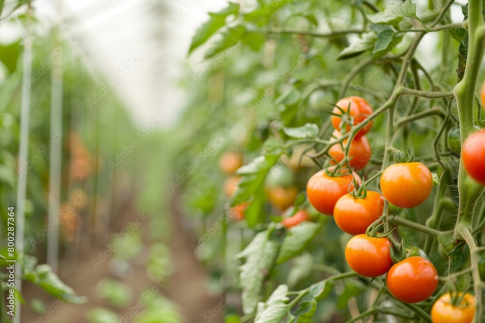 Ripe tomatoes in greenhouse rows Ripe tomatoes in greenhouse rows
