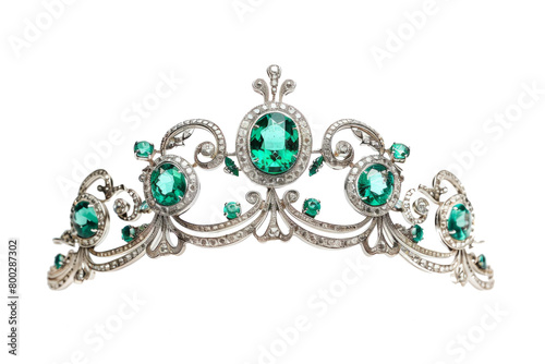 white gold tiara with green emeralds isolated on white background.
