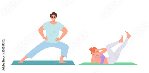 Young sportsman and sportswoman cartoon characters practicing pilates exercises isolated on white