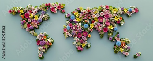 A world map made out of native flowers from each country, arranged geographically and blooming vividly photo