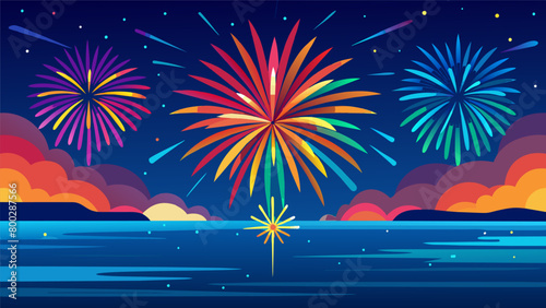 The vibrant colors of the fireworks reflected in the glistening ocean a stunning display of nature and manmade beauty blending together.. Vector illustration