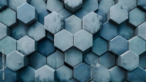 A realistic photograph showcasing a calm and orderly geometric pattern with overlapping hexagons  rendered in soft shades of grey and blue to emphasize harmony and balance