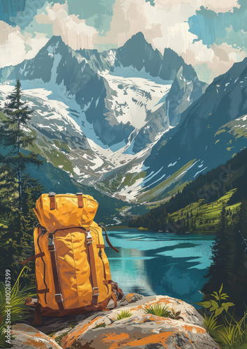 backpack on a background of mountains, illustration, drawing, hike, tourism, tourist, camping, wildlife, postcard, forest, hiking, trees, equipment, bag