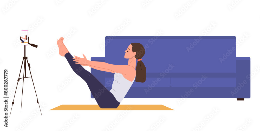 Slim woman trainer sport coach cartoon character leading pilates blog performing simple exercise