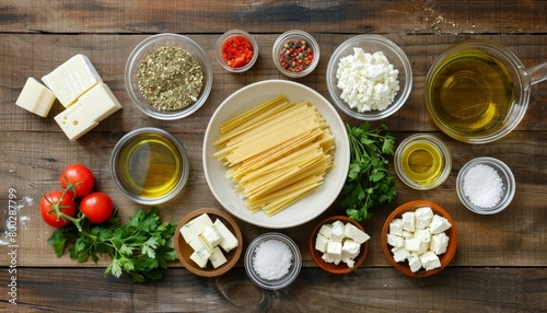 Roasted veggie pasta with feta olive oil and raw ingredients displayed on a wooden surface