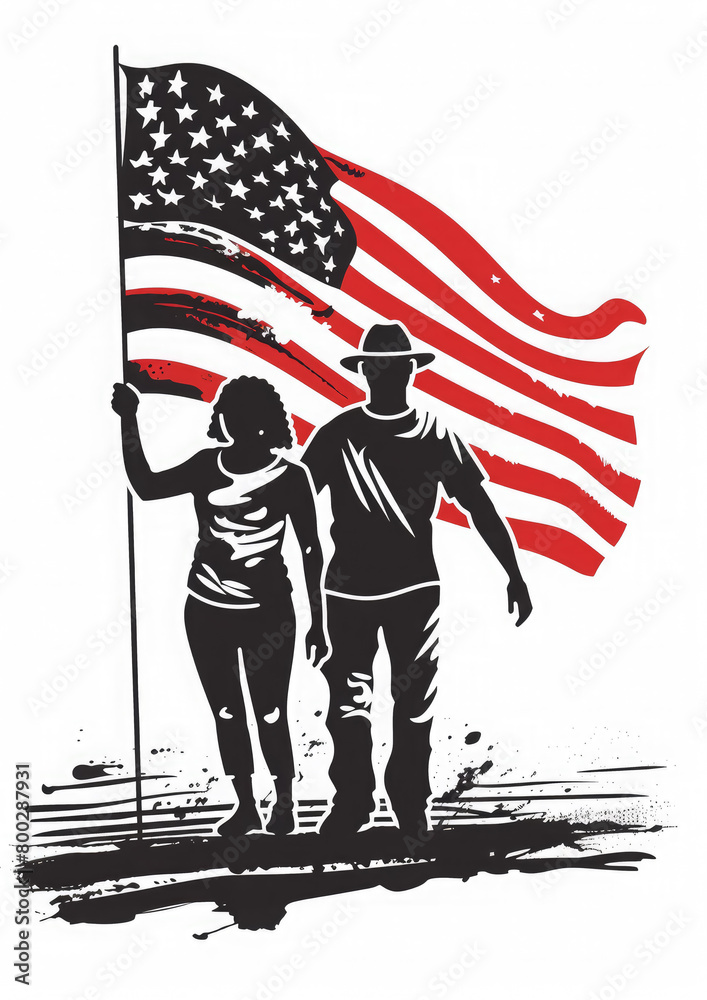 man and woman holding American flag on white background, illustration, America, USA, independence day, patriots, citizens, country, nation, 4th of July, people, family, drawing, patriotism, freedom
